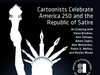 NYC – 250 Years of American Satire | Oct 8th Poster of the Statue of Liberty’s silhouette holding a pencil, advertising a cartoonists’ event on October 8, 2026, hosted by the Society of Illustrators in New York City.