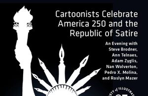 NYC – 250 Years of American Satire | Oct 8th Poster of the Statue of Liberty’s silhouette holding a pencil, advertising a cartoonists’ event on October 8, 2026, hosted by the Society of Illustrators in New York City.