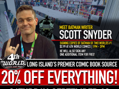 NY – Batman of Two Worlds #1 Signing | Sept 19th Scott Snyder stands in a comic book store, promoting a signing event with a 20% off sale banner for 4th World Comics and Toys.