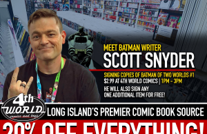 NY – Batman of Two Worlds #1 Signing | Sept 19th Scott Snyder stands in a comic book store, promoting a signing event with a 20% off sale banner for 4th World Comics and Toys.