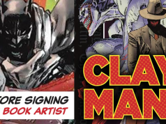 FL – Absolute Batman #24 Variant Signing | Sept 26th Promotional image for an in-store signing event with comic book artist Clay Mann, featuring comic art and bold yellow and red text with event details.