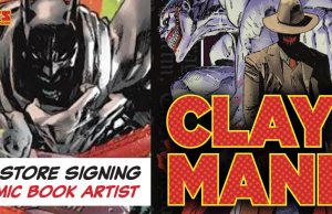 FL – Absolute Batman #24 Variant Signing | Sept 26th Promotional image for an in-store signing event with comic book artist Clay Mann, featuring comic art and bold yellow and red text with event details.