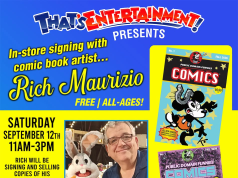 MA – Public Domain Funnies Signing | Sept 12th Comic book artist Rich Maurizio at a signing event holding his comic, with event details, comic covers, and a bio about his career displayed on a colorful promotional flyer.