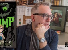 PA – An Afternoon with Tony DiTerlizzi | Oct 3rd A man sits at a desk with art supplies, looking to the side. To the left is the cover of the book “The Wump” by Tony DiTerlizzi. The Doylestown & Lahaska Bookshops logo is in the corner.