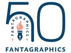 CA – Celebrate 50 Years of Fantagraphics | Oct 15th Fantagraphics 50th anniversary logo featuring a stylized number 50, a torch-pen graphic, and the word “FANTAGRAPHICS” in a circular layout.