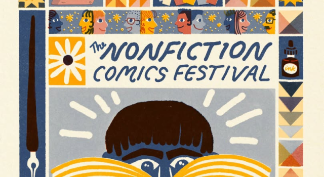 5th Annual Non-Fiction Comics Festival on Nov 14th Poster for The Nonfiction Comics Festival featuring an illustration of a person reading a book, framed by a border of ink bottles, nibs, and geometric patterns.
