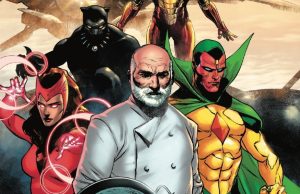 NYC – Meals To Astonish: Avengers #1 Signing | Oct 9th Comic book cover featuring Scarlet Witch, Black Panther, Vision, and an elderly man in a chef’s coat holding a pan.