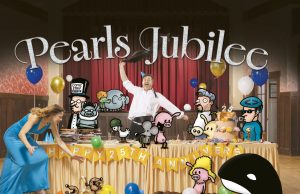 CA – Pearls Jubilee Signing | Nov 10th Book cover for Pearls Jubilee featuring cartoonist Stephan Pastis surrounded by illustrated Pearls Before Swine characters and a 25th anniversary banner.