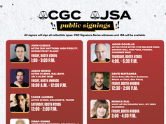 CGC Signing Schedule at NYCC CGC and JSA public signings schedule listing actors, voice actors, and the Abominable Toys creative team with booth numbers and time slots.