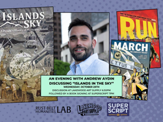OH – Islands in the Sky Signing + Q&A | Oct 28th Event poster featuring author Andrew Aydin and his books “Islands in the Sky,” “Run,” and “March,” listing the event details for October 28th at Lakewood Art Supply and Superscript.
