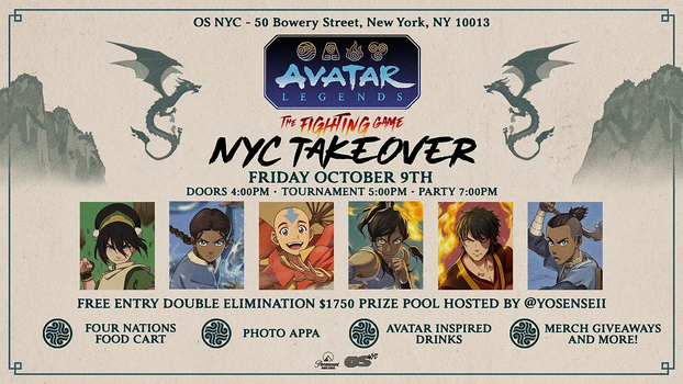 Avatar Legends: The Fighting Game Tournament on Oct 9th Event poster for the Avatar Legends NYC Takeover fighting game tournament on October 9th at OS NYC, featuring game details, entry information, and activities.