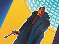 CA – Ray Gunn Screening + Q&A | Nov 14th Stylized illustration of a man with sunglasses wearing a dark trench coat and holding a handgun.