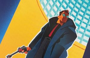 CA – Ray Gunn Screening + Q&A | Nov 14th Stylized illustration of a man with sunglasses wearing a dark trench coat and holding a handgun.