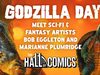 MA – Godzilla Day Signing | Nov 7th Godzilla Day event poster featuring Godzilla and Gamera, announcing appearances by artists Bob Eggleton and Marianne Plumridge at The Hall of Comics.