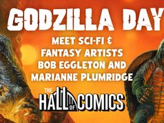 MA – Godzilla Day Signing | Nov 7th Godzilla Day event poster featuring Godzilla and Gamera, announcing appearances by artists Bob Eggleton and Marianne Plumridge at The Hall of Comics.