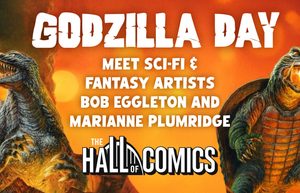 MA – Godzilla Day Signing | Nov 7th Godzilla Day event poster featuring Godzilla and Gamera, announcing appearances by artists Bob Eggleton and Marianne Plumridge at The Hall of Comics.