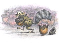 NYC – City Dwellers Exhibition Opening | Oct 29th Scrat the squirrel from Ice Age carrying a large acorn in front of a pile of other acorns.