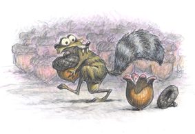 NYC – City Dwellers Exhibition Opening | Oct 29th Scrat the squirrel from Ice Age carrying a large acorn in front of a pile of other acorns.
