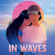 CA – In Waves Signing + Q&A | Oct 28th Illustration of a young couple embracing in front of a sunset and pier, with the text “IN WAVES” at the bottom.