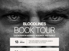 Joe Manganiello Book Tour Bloodlines book tour flyer listing dates, times, and locations for four in-person events in New York, Pittsburgh, Ridgewood, and Glendale.