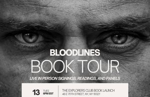 Joe Manganiello Book Tour Bloodlines book tour flyer listing dates, times, and locations for four in-person events in New York, Pittsburgh, Ridgewood, and Glendale.
