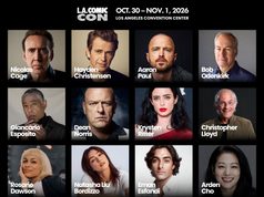Los Angeles Comic Con 2026 One Month Away Grid of headshots featuring actors such as Nicolas Cage, Hayden Christensen, and Rosario Dawson, announced as entertainment guests for L.A. Comic Con 2026.
