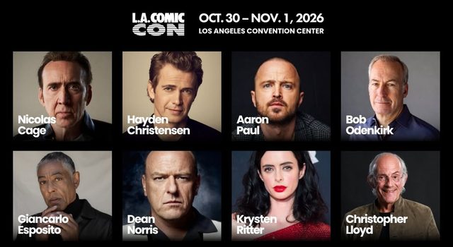 Los Angeles Comic Con 2026 One Month Away Grid of headshots featuring actors such as Nicolas Cage, Hayden Christensen, and Rosario Dawson, announced as entertainment guests for L.A. Comic Con 2026.