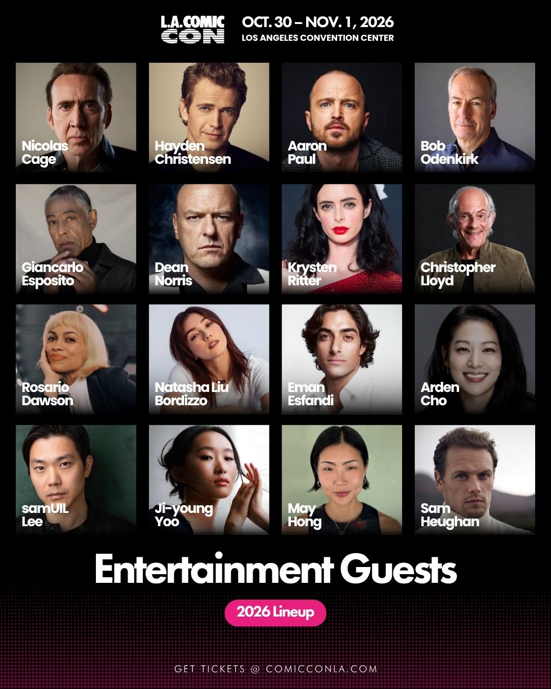 Grid of headshots featuring actors such as Nicolas Cage, Hayden Christensen, and Rosario Dawson, announced as entertainment guests for L.A. Comic Con 2026.