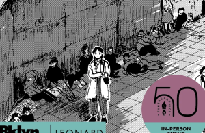 NYC – On Their Frontlines Signing | Nov 3rd A young person stands in a crowd in a black-and-white comic illustration. Text includes “Bklyn Public Library,” “Leonard,” and a “Fantagraphics 50” anniversary event badge.