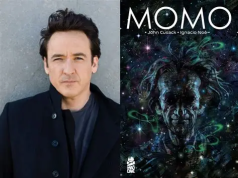 IL – Momo Signing | Nov 5th A portrait of John Cusack next to the cover of his graphic novel, “Momo,” illustrated by Ignacio Noé.