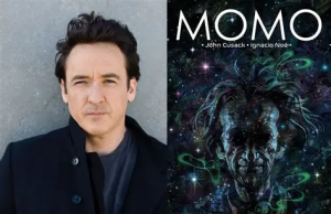 IL – Momo Signing | Nov 5th A portrait of John Cusack next to the cover of his graphic novel, “Momo,” illustrated by Ignacio Noé.