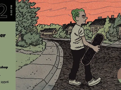 SC – The Mess Signing | Oct 22nd Event poster for a Noah Van Sciver book talk for “The Mess” on October 22 at 6:00 PM at Hub City Bookshop, featuring an illustration of a person carrying a skateboard down a residential street.