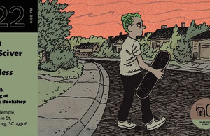 SC – The Mess Signing | Oct 22nd Event poster for a Noah Van Sciver book talk for “The Mess” on October 22 at 6:00 PM at Hub City Bookshop, featuring an illustration of a person carrying a skateboard down a residential street.