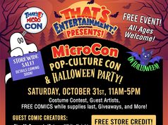 MA – That’s Entertainment Halloween Micro Con | Oct 31st Event flyer for That’s Entertainment’s MicroCon pop-culture and Halloween party on October 31, listing guest creators, store credit offers, and costume contest details.